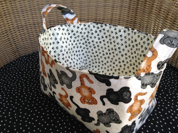 Fabric Basket Storage Bin Made from Tabby Cat and Pawprint Fabric
