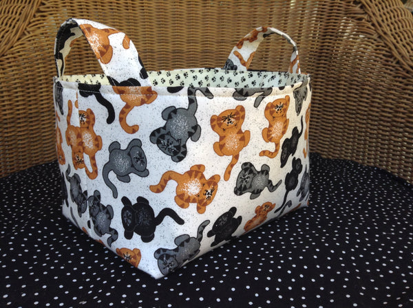 Fabric Basket Storage Bin Made from Tabby Cat and Pawprint Fabric