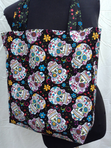 Tote Bag Made From Dia De Los Muertos Black Skull Fabric Day of the Dead