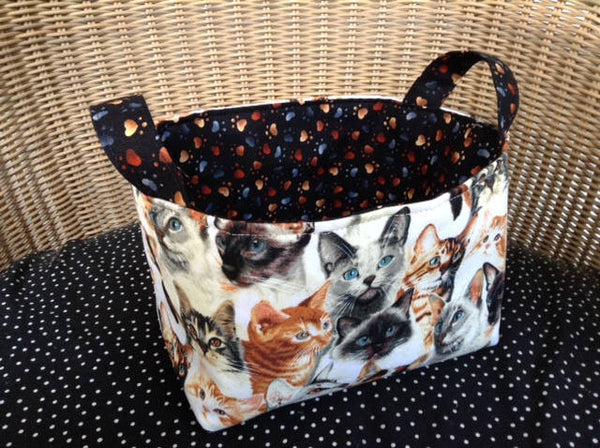 Fabric Basket Storage Bin Made from Tabby Ginger and Siamese Cat and Pawprint Fabric
