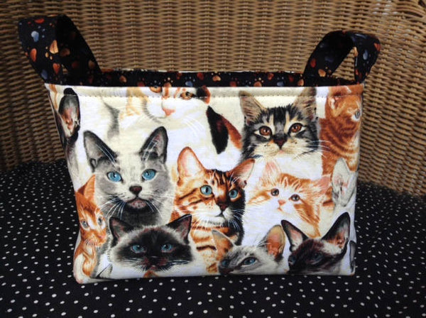 Fabric Basket Storage Bin Made from Tabby Ginger and Siamese Cat and Pawprint Fabric