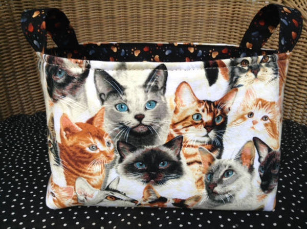 Fabric Basket Storage Bin Made from Tabby Ginger and Siamese Cat and Pawprint Fabric